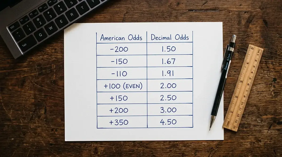 Reference chart showing American odds converted to decimal odds with implied probability percentages