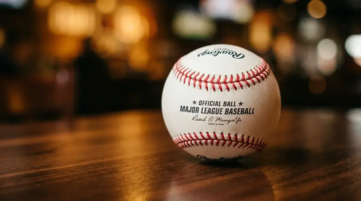 Close-up of a baseball resting on a wooden betting counter with odds boards blurred in the background