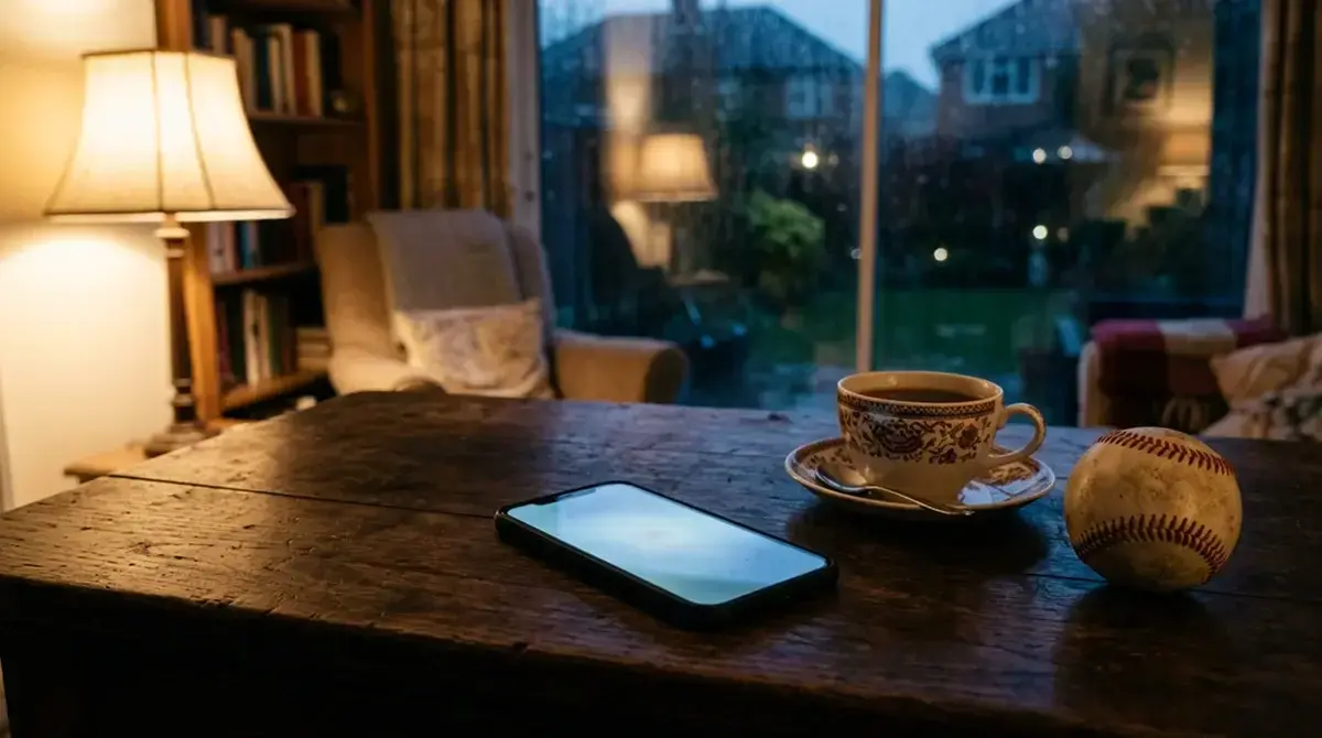 Smartphone displaying MLB baseball betting markets in decimal odds with a UKGC licence badge visible, placed on a desk in a British home