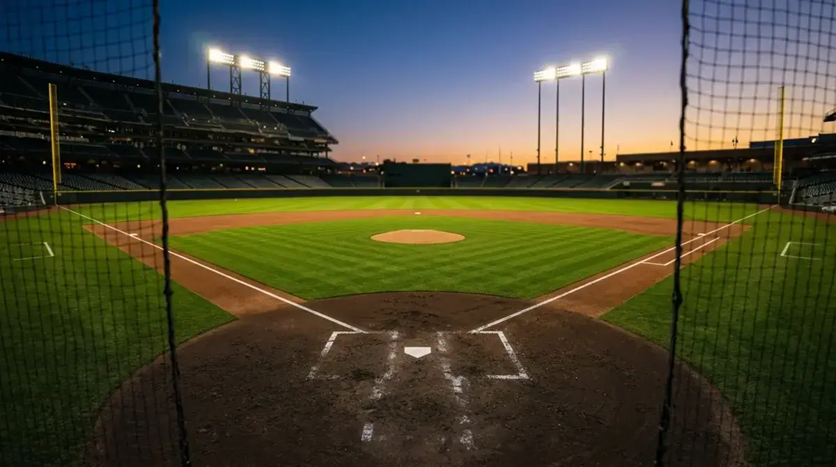 MLB baseball diamond at dusk with stadium lights illuminating the field