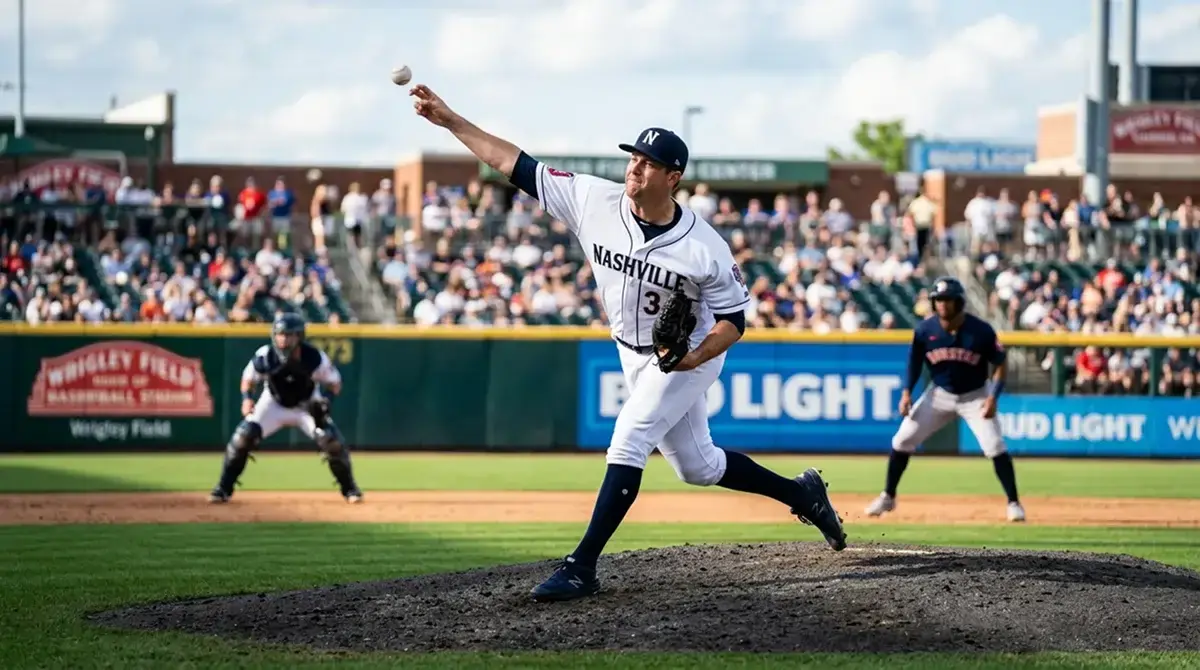 Baseball pitcher mid-delivery on the mound with the batter and catcher visible at home plate