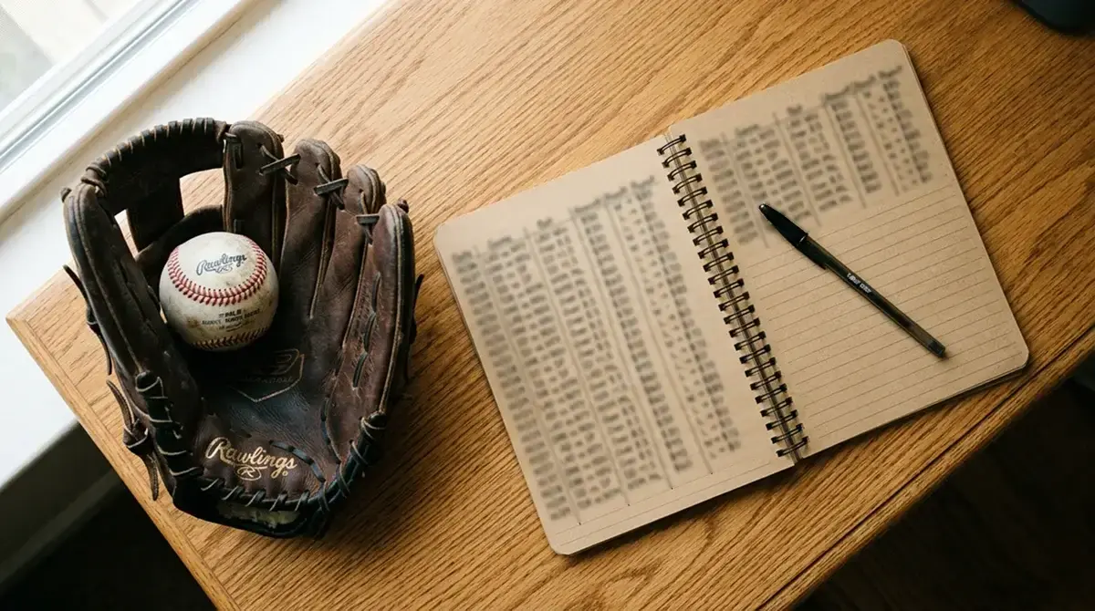 Notebook with a baseball betting log beside a baseball glove and pen on a wooden desk