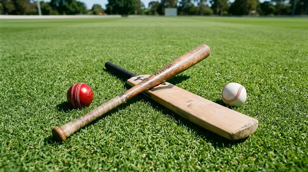 Baseball bat and cricket bat crossed over each other on a grass pitch