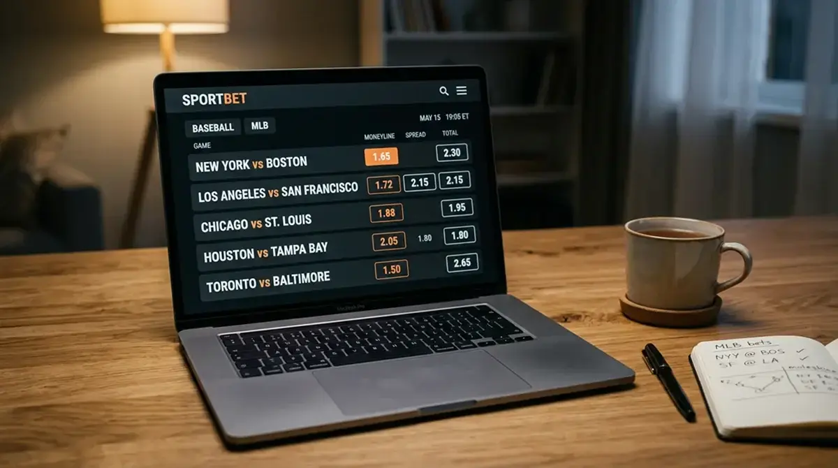 Laptop screen displaying MLB moneyline and run line betting markets in decimal odds format