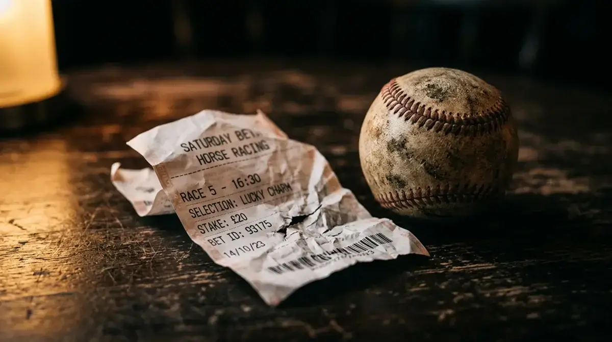 Baseball falling through a torn betting slip symbolising common MLB wagering errors