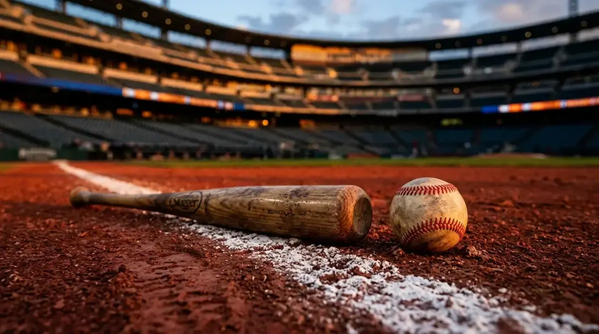Baseball and bat lying on an infield baseline with a packed stadium in soft focus behind