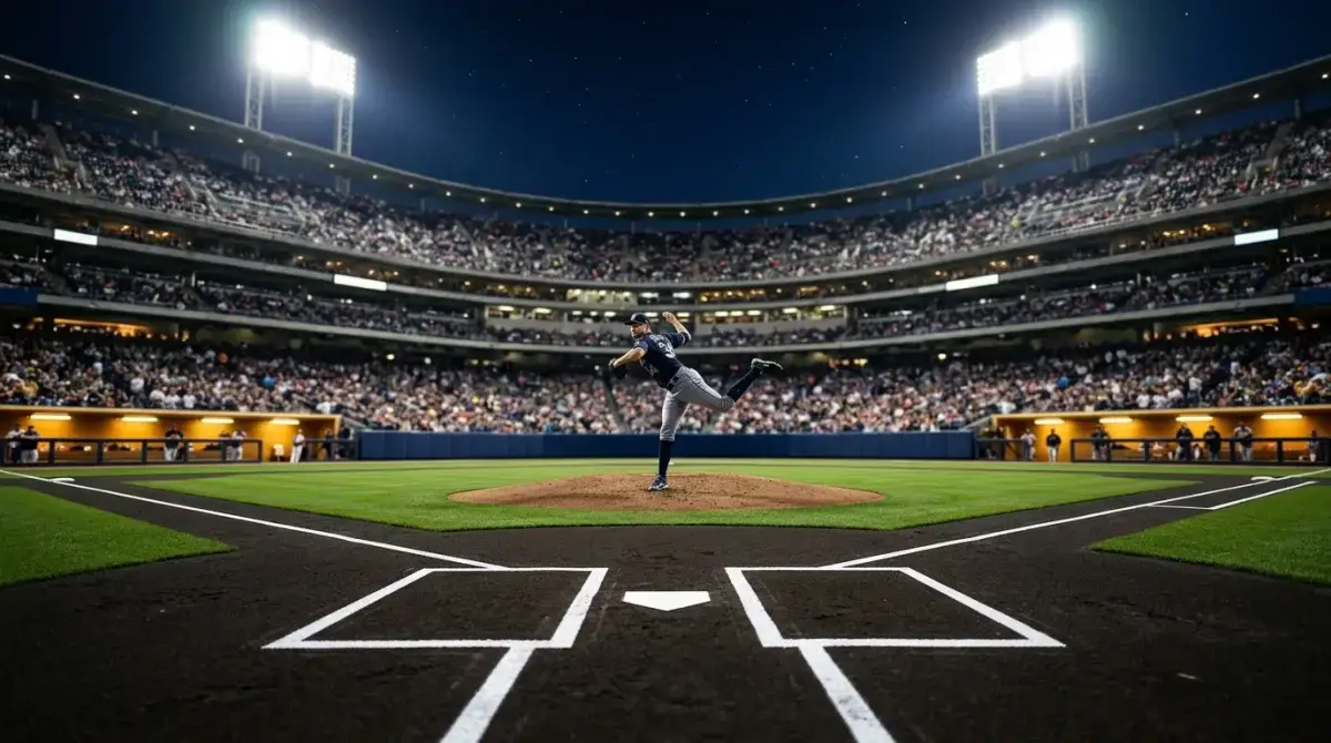 Baseball stadium scoreboard at night with pitcher on the mound, illustrating data-driven MLB betting strategy for UK punters