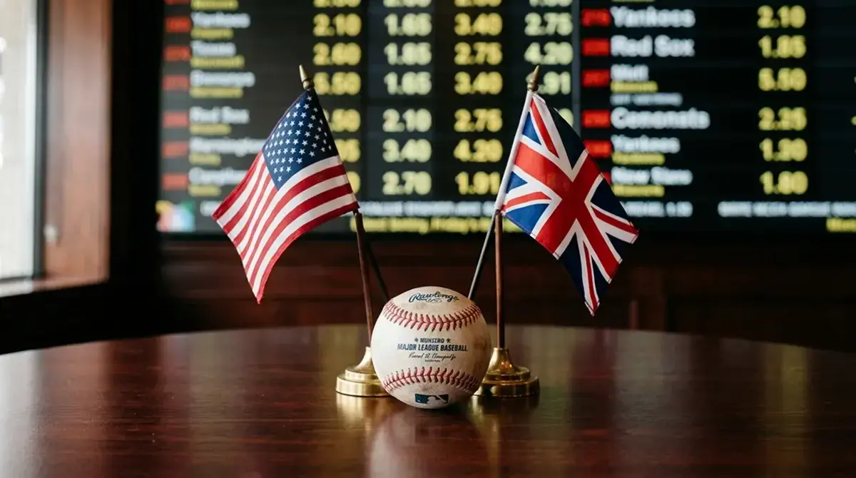 US and UK flags side by side with a baseball and betting odds board in the background