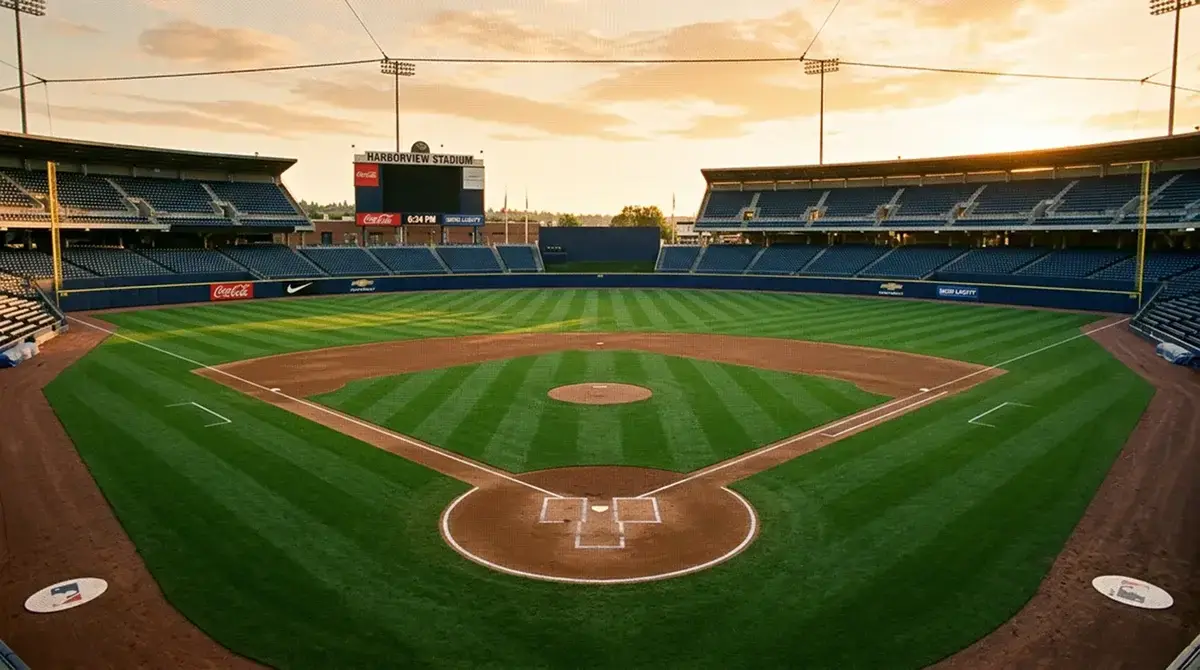 Empty baseball diamond viewed from behind home plate showing the home field environment