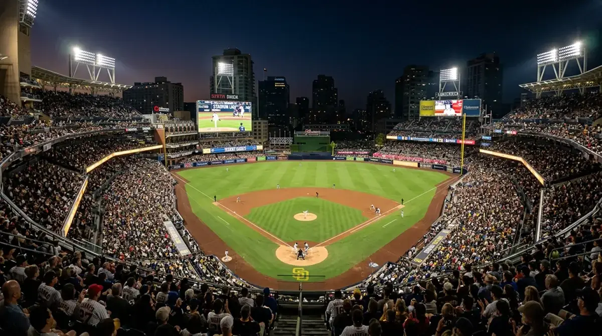 Night-time baseball stadium with bright floodlights and a game in progress, representing live MLB in-play betting for UK punters