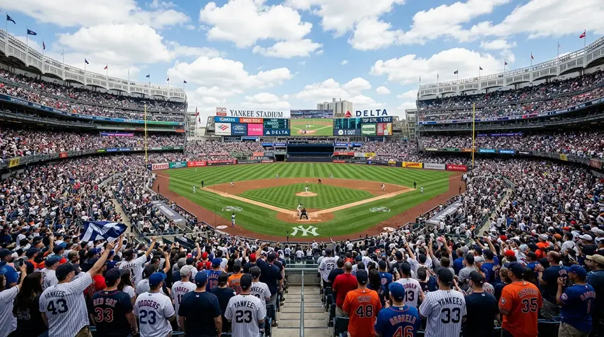 Baseball game being played at a packed London stadium with British fans wearing MLB merchandise