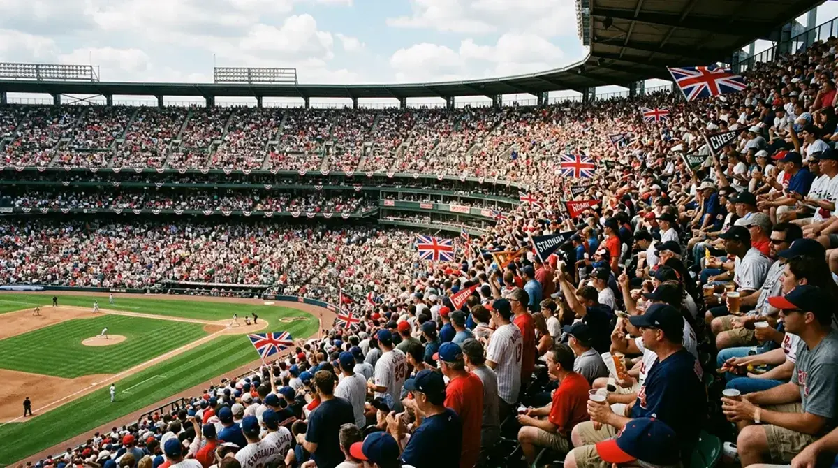 Crowd of baseball fans at the MLB London Series cheering under stadium lights