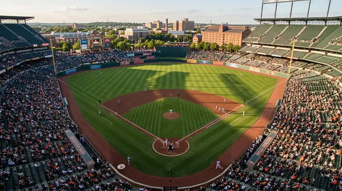 Aerial view of a baseball diamond showing unique stadium dimensions and outfield wall distances