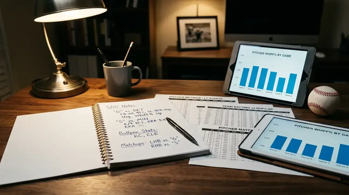 Desk workspace with baseball statistics printouts and a notebook used for MLB pitcher matchup analysis
