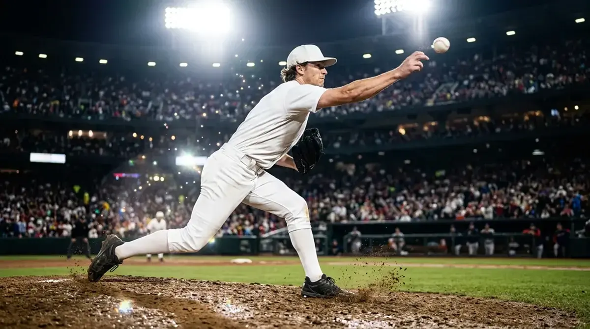 Baseball pitcher mid-delivery under stadium lights, representing MLB pitcher strikeout prop bets for UK bettors