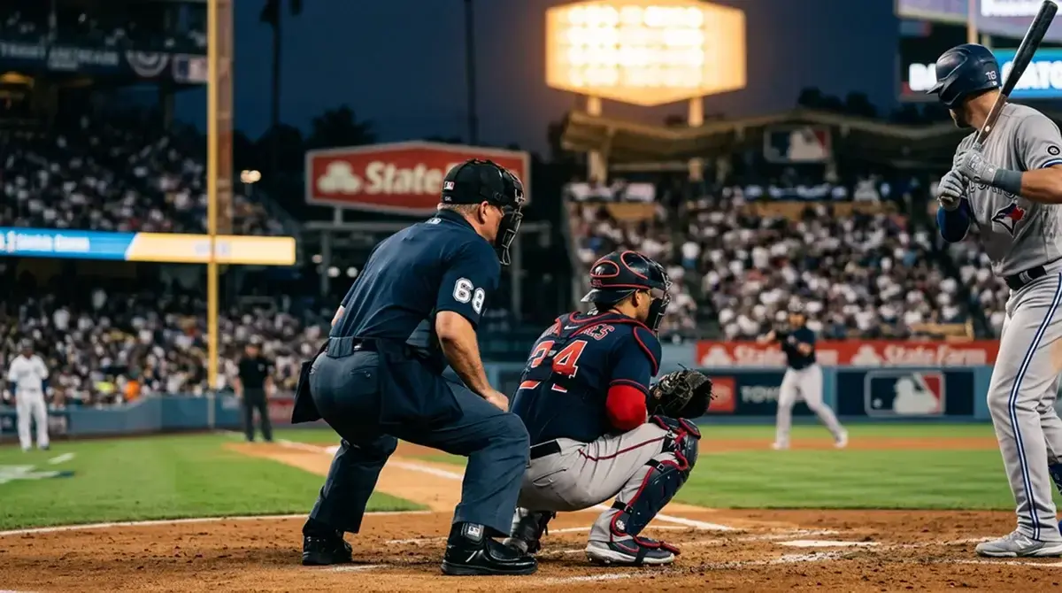 Home plate umpire in full gear crouching behind the catcher during an MLB game