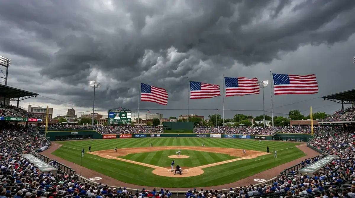 Wind blowing across an open-air baseball stadium with outfield flags showing strong wind direction