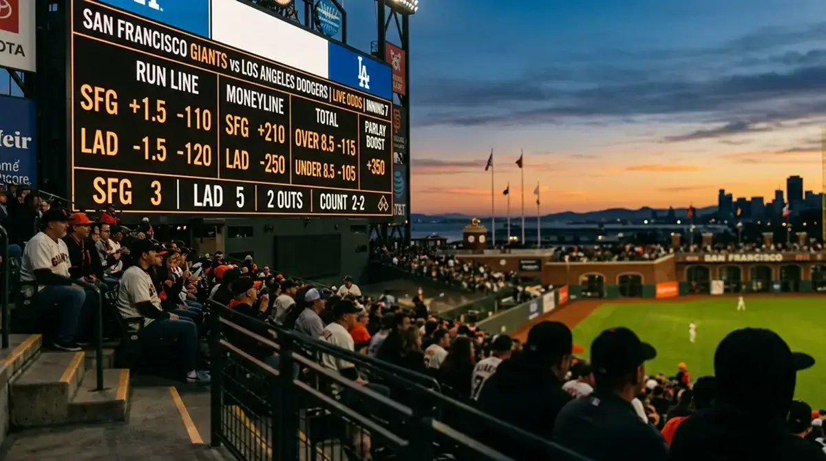 Baseball scoreboard displaying shifting MLB betting odds with stadium seating in the background