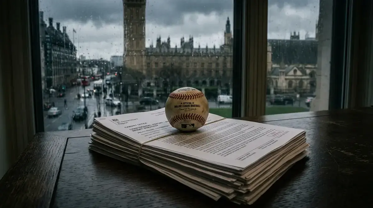 UK Gambling Commission logo beside a baseball on a dark regulation document background