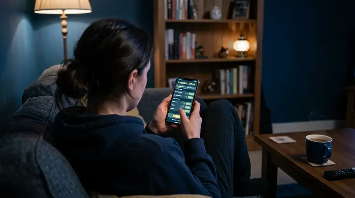 Person using a smartphone to check MLB live betting odds during a late-night session at home